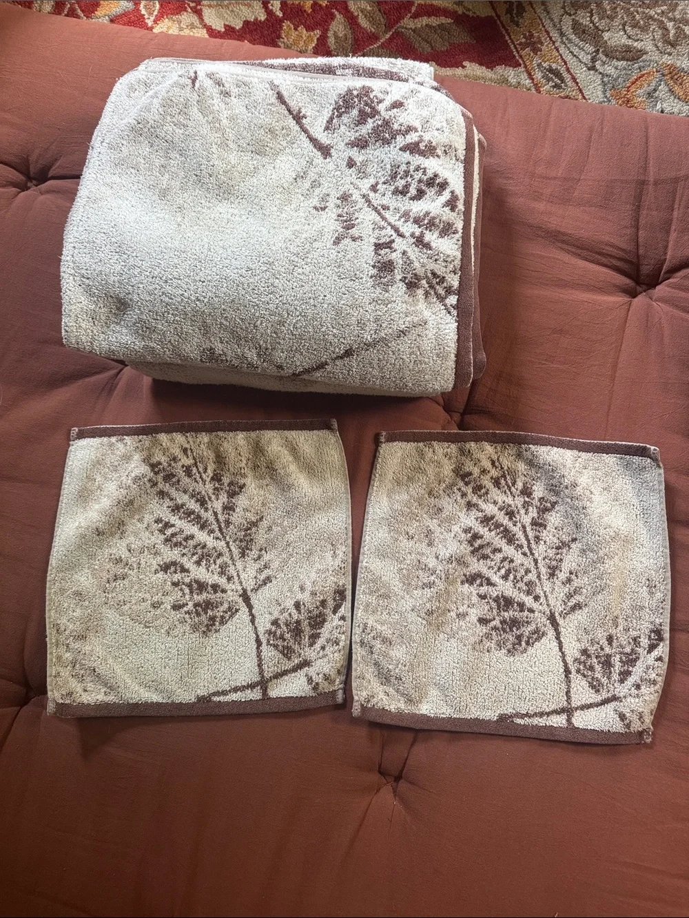 Espalma luxury towel set 6 bathroom wash cloth leaf leaves nature print cotton